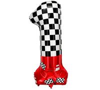 Laackys 1 pack racing theme 40-inch digital foil balloon, featuring black and white checkered pattern and red racing elements, perfect for birthday party decorations and racing-themed events. (1)