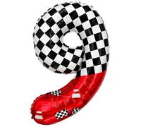 Laackys 1 pack racing theme 40-inch digital foil balloon, featuring black and white checkered pattern and red racing elements, perfect for birthday party decorations and racing-themed events. (9)