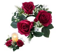 LAANCOO 9-inch Artificial Rose Candle Rings Wreaths for Pillars, Rustic Wedding Centerpiece, Christmas Table Decoration, Red