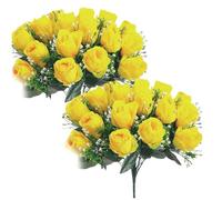 LAANCOO Grave Flowers, 2 Bundles Cemetery Flowers for Grave 24 Heads Grave Flowers 15.8" Realistic Fake Yellow Rose Outdoor Artificial Flowers for Decorations Grave Flowers