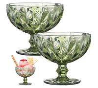LAANCOO Ice Cream Bowls, 2Pcs Ice Cream Bowls 10 Oz Footed Dessert Bowls 4.7" Trifle Bowl with Pedestal Vintage Type Dessert Cups for Sundae, Salad, Drinks Green