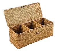 LAANCOO Wicker Shelf Baskets With Lid, Seagrass Storage Baskets, Rectangular Rattan Storage Box With 3 Sections Decorative Storage Boxes For Home Bathroom Desktop Organizer 13x5x4