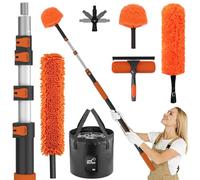 LAANPOLE 3.6m Feather Duster Kit with Telescopic Pole, Extendable Microfiber Duster for High Ceiling, Long Handled Duster Kit with Cobweb Brush & Telescopic Window Cleaner & Bucket