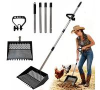 Laaorr Chicken Poop Scooper 2-in-1 Large Metal Chicken Coop Rake and Scoop with Adjustable Handle Multifunctional Sifting Shovel for Farm, Animal Litter, Beach, Sand, Snow