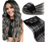 LaaVoo Clip in Hair Extensions Real Human Hair Black Hair Extensions Clip in 16 Inch 135g 7pcs Full Head Straight Balayage Natural Black & Silver Remy Hair Double Weft #1b/s/1b