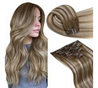 LaaVoo Clip in Hair Extensions Real Human Hair Light Barown Hair Extensions Clip in 20 Inch 120g 7pcs Full Head Straight Balayage Brown to Light Blonde Remy Hair Double Weft #8/60/8