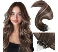 LaaVoo Micro Loop Hair Extensions Real Human Hair Brown Remy Straight Balayage Dark Brown to Ash Blonde & Dark Blonde Invisible Micro Ring Hair Extensions 50g 50s 16 Inch #4/18/4