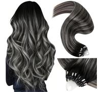 LaaVoo Micro Ring Hair Extensions Real Human Hair Black Remy Straight Balayage Natural Black & Silver Invisible Micro Beads Hair Extensions 50g 50s 18 Inch #1b/s/1b