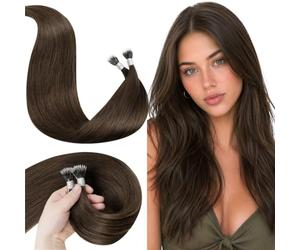 LaaVoo Nano Beads Hair Extensions, Chocolate Brown, 18 Inch 50g | Nano Tip Hair Extensions Real Human Hair Remy Hair, Light Chocolate Brown, for Vacation, Long Lasting, Cold Fusion Tip