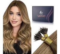 LaaVoo Nano Hair Extensions Real Human Hair Brown Nano Beads Hair Extensions 24 Inch Balayage Light Brown to Dark Blonde Invisible Nano Ring Straight Remy Hair 50g 50s #8/16/8