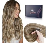 LaaVoo Nano Hair Extensions Real Human Hair Brown Nano Beads Hair Extensions Balayage Light Brown to Medium Blonde Invisible Nano Ring Straight Remy Hair 50g 50s 14 Inch #3/8/24
