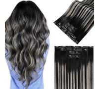 LaaVoo Seamless Clip in Hair Extensions Black Balayage Silver Seamless Hair Extensions Clip in Ombre Black to Silver Grey Balayage Human Hair Clip on Extension 16 Inch 4pcs 80g