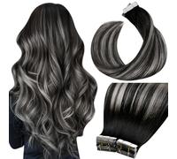 LaaVoo Tape in Hair Extensions Human Hair 100g Tape Hair Extensions Real Human Hair Balayage Natural Black & Silver Invisible Tapes Remy Straight Hair Double Sided Tabs 40pcs 14 Inch #1b/s/1b