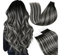LaaVoo Tape in Hair Extensions Human Hair Black Tape Hair Extensions Real Human Hair 24 Inch Invisible Tapes Remy Straight Balayage Natural Black & Silver Hair Double Sided Tabs 20pcs 50g #1b/s/1b