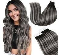 LaaVoo Tape in Hair Extensions Human Hair Black Tape Hair Extensions Real Human Hair Invisible Tapes Remy Straight Balayage Natural Black & Silver Hair Double Sided Tabs 20pcs 30g 12 Inch #1b/s/1b