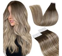 LaaVoo Tape in Hair Extensions Human Hair Blonde Tape Hair Extensions Real Human Hair Invisible Tapes Remy Straight Balayage Brown to Blonde Hair Double Sided Tabs 20pcs 50g 18 Inch #3/8/24