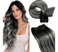 LaaVoo Weft Hair Extensions Real Human Hair Black Sew in Hair Extensions 100g 18 Inch Full Head Straight Balayage Silver Remy Invisible Double Weft Weave #1b/s/1b
