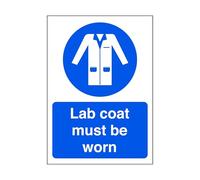 Lab coat must be worn - safety sign - High tack self-adhesive sticker (150mm x 100mm) Viewing Distance within 3m.