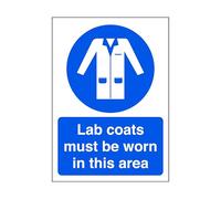 Lab coats must be worn in this area - safety sign - High tack self-adhesive sticker (300mm x 200mm) Viewing Distance within 7m.