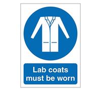Lab coats must be worn mandatory safety sign - Size 100mm x 140mm - Self adhesive vinyl sticker - Denotes specific actions that must be adhered to (5)
