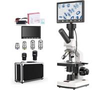 Lab Compound Monocular Microscope 40X-2500X Magnification with 7" LCD, Adjustable Thermostat Stage, Built-in 5MP Camera, Premium Achromatic Objectives, Upgraded Aluminium Case (White)