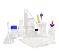 Lab Glassware Set - Erlenmeyer Flasks, Glass Beakers, Graduated Measuring Cylinders, Reagent Bottles, Test Tubes, Droppers, Pipettes, Culture Dishes, Funnels, Sample Bottles