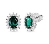 Lab Grown Emerald Halo Stud Earrings for Women - Platinum Plated 925 Sterling Silver - 1.69 Ct Oval Cut with White Zircon Accents - Classic May Birthstone Jewelry - Gift for Her