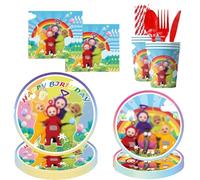 LabDip 90PCS Teletu Baby Tableware Set Teletu Baby Theme Children's Birthday Party Tableware Cartoon Cute Tableware Including Tableware Dinner Plate Paper Cup Tissue Paper Straw Knife Fork Spoon