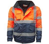 LABEL APPAREL Hi Vis Viz Bomber Jacket High Visibility Workwear Two Tone Safety Security Hooded Padded Waterproof Taped Seams Work Wear Coat Top Plus Sizes, Orange/Navy, XXL