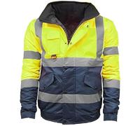 LABEL APPAREL Hi Vis Viz Bomber Jacket High Visibility Workwear Two Tone Safety Security Hooded Padded Waterproof Taped Seams Work Wear Coat Top Plus Sizes, Yellow/Navy, S
