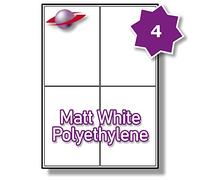 Label Planet® 4 Per Page/Sheet 25 Sheets (100 MATT White POLYETHYLENE Sticky Labels) A4 Waterproof Permanent Pliable Matte Plastic Printable Stickers, 99.1x139mm LP4/99 MWPE, Outdoor/Marine Durable