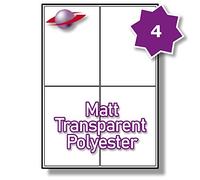 Label Planet® 4 Per Page/Sheet 5 Sheets (20 MATT Transparent Sticky Labels) A4 Waterproof Clear Polyester Permanent Printable Stickers, for Laser Printers Only, Rectangular 99.1 x 139 MM LP4/99 MTP