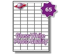 Label Planet® 65 Per Page/Sheet 100 Sheets (6500 Sticky Mini Photo Gloss Labels) White Glossy A4 Permanent Printable Stickers On Laser/Inkjet Printers, 38.1 x 21.1MM UK LP65/38 GWPQ, All-Use