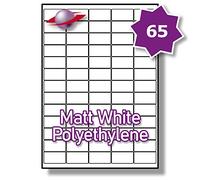 Label Planet® 65 Per Page/Sheet 50 Sheets (3250 MINI MATT WHITE POLYETHYLENE Sticky Labels) A4 Waterproof Permanent Pliable Plastic Printable Stickers, 38.1x21.2mm LP65/38 MWPE, Outdoor/Marine Durable