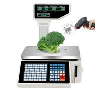 Label Printing Scale 30kg Electronic Price Computing Scale with Thermal Printer for Retail Food Meat Shop, Includes Pole Display, Scanner and Cash Register