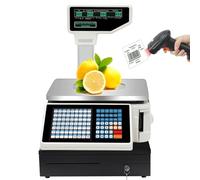 Label Printing Scale 30kg Electronic Price Computing Scale with Thermal Printer for Retail Food Meat Shop, Includes Pole Display, Scanner and Cash Register