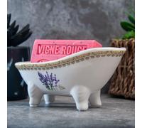 Label Provence Nature Savon de Marseille Soap Dish - French Vintage Style Ceramic Clawfoot Bathtub - Self Draining - Perfect for Bathroom Kitchen or Home Decor - White Lavender -14.5 x 7 x 6.5cm