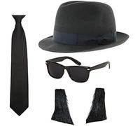 Labela® Blues Brothers Costume Kit Hat Sunglasses Tie & Sideburns 70s 80s Gangster Fancy Dress Set for Adults World Book Day