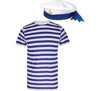 Labela® Mens Sailor Costume Set Blue & White Striped Shirt with Ribbon Hat, Marine Navy Captain Outfit for Parties, Sea Events & Book Week (S)