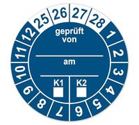 LabelTec Test Badges Tested by am with K1/K2 Marking - Test Stickers 2025-2028 Diameter 30 mm for Safety Tests Self-Adhesive Vinyl Film Test Labels Waterproof LTD027 (100, Blue)