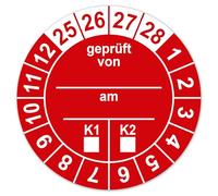 LabelTec Test Badges Tested by am with K1/K2 Marking - Test Stickers 2025-2028 Diameter 30 mm for Safety Testing Self-Adhesive Vinyl Film Test Labels Waterproof LTD027 (10, Red)