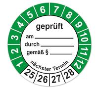 LabelTec Test badges tested on according to § next test date 2025-2028, test stickers, test labels, vinyl sticker, plaques film, self-adhesive, waterproof LTB008 (100, diameter 30 mm)