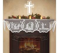 Labengou Christmas Mantle Scarf for Fireplace - White Lace Nativity Mantle Cover Garland Runner for Holiday Home Living Room Decorations - Xmas Christian Jesus Decorations Indoor