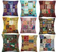 Labhanshi 10 x Indian Sari Printed Patchwork Embroidered Throw Pillow Covers 17x17 Inches Handmade