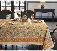 Labhanshi Burnt Orange, Olive Green Floral Indian Hand Block Printed Rectangle Tablecloth, Cotton Table Cover, Housewarming Gifts, French Tablecloth 72X135 INCH