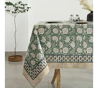 Labhanshi Turquoise Green, Old Moss Green and White Indian Floral Hand Block Printed Cotton Cloth Tablecloth, Table Cover, Farmhouse Wedding Christmas 72x108 Inch
