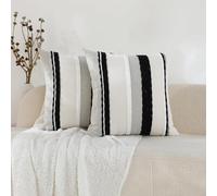 Labilin Boho Cushion Covers 18x18 Inch Set of 2 Black and Beige Striped Chenille Pillow Covers Square Decorative Cushion Covers for Sofa Couch Bed Living Room Farmhouse Decor