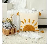 Labilin Boho Cushion Covers Throw Pillow Covers 18x18, Woven Tufted Sun Decorative Pillow Covers with Tassels Cushion Case Square Pillowcase for Couch Sofa Living Room Bed Home Decor Set of 1, Yellow
