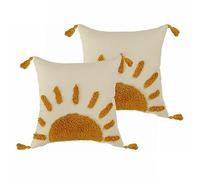 Labilin Set of 2 Boho Throw Pillow Covers 18x18, Woven Tufted Sun Decorative Pillow Covers with Tassels Moroccan Modern Pillowcase for Sofa Bedroom Living Room Home Decor, Yellow