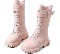 LABLADUO Boots for women, Combat Boots For Girl Leather Lace-Up Mid Calf Riding Boots Side Zipper With Ankle Belt Buckle Punk Goth Lug Sole Boot 4-11 Years(Pink,2.5)